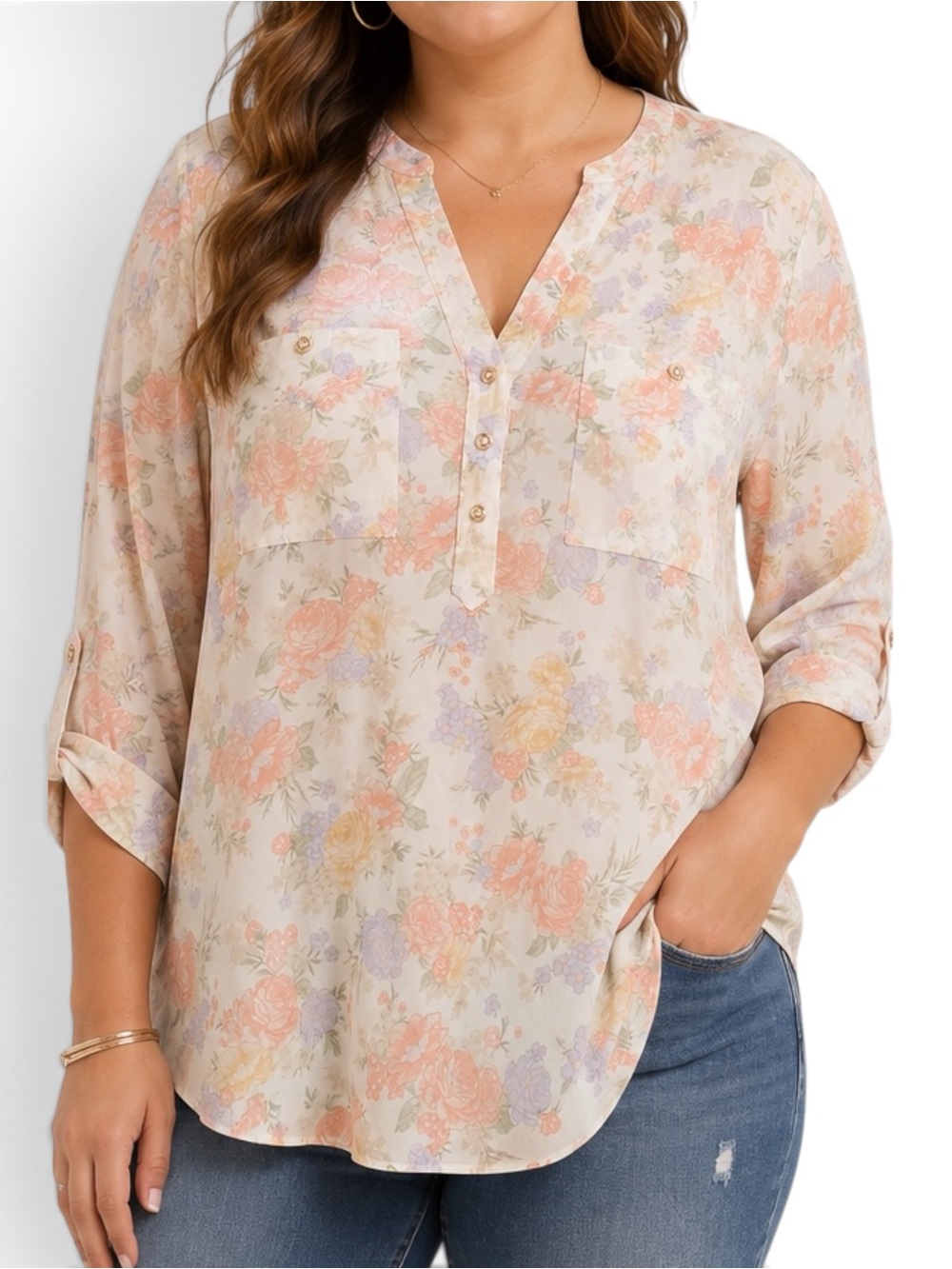 Torrid Harper 1X Floral Challis Blouse Pastel 3/4 Sleeve NWT Plus Size